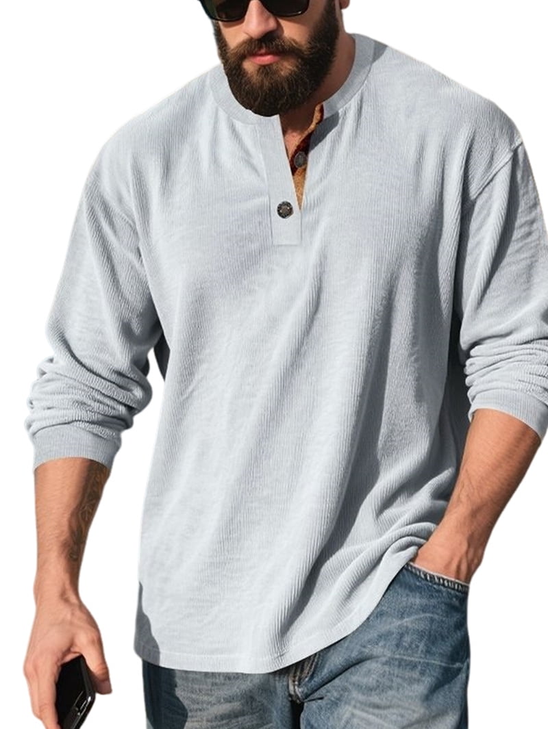 Men's Corduroy Henley Shirt in Light Gray (photo 3)