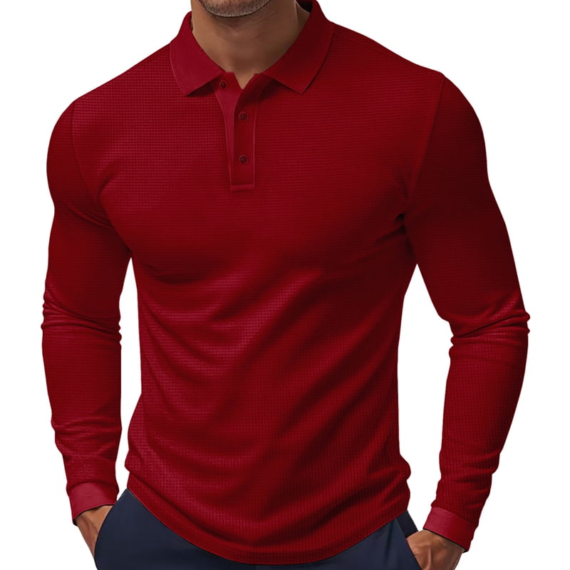 Men's Waffle Knit Long Sleeve Polo in Wine Red (photo 2)