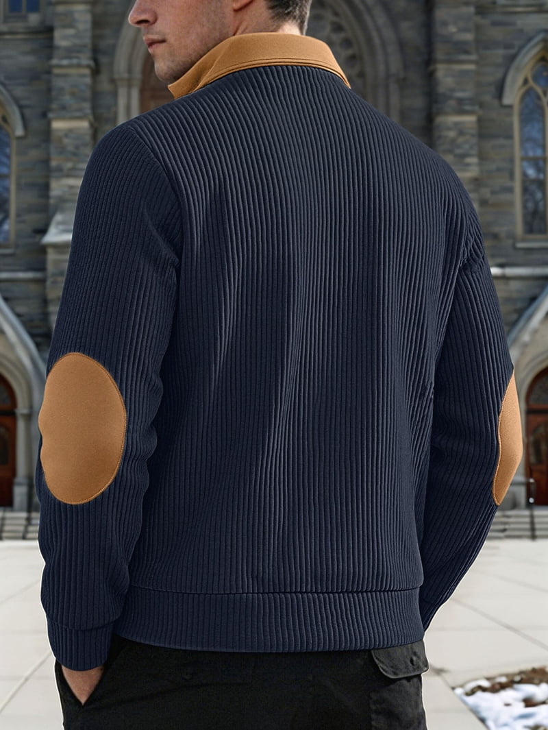 Men's Corduroy Half Zip Pullover with Contrast Yoke in Navy Blue (photo 6)