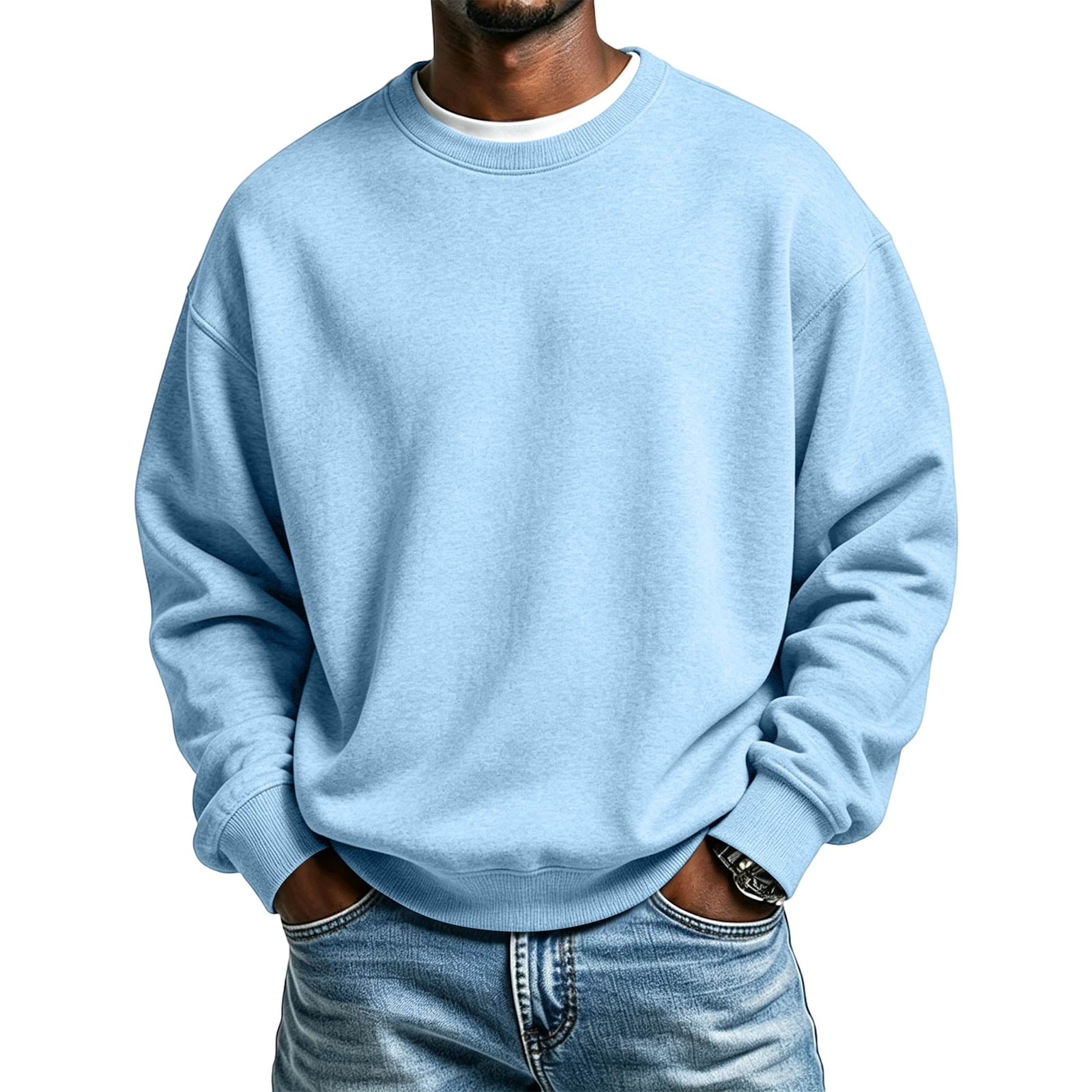 Men's Brushed Fleece Crewneck Sweatshirt in Light Blue (photo 2)