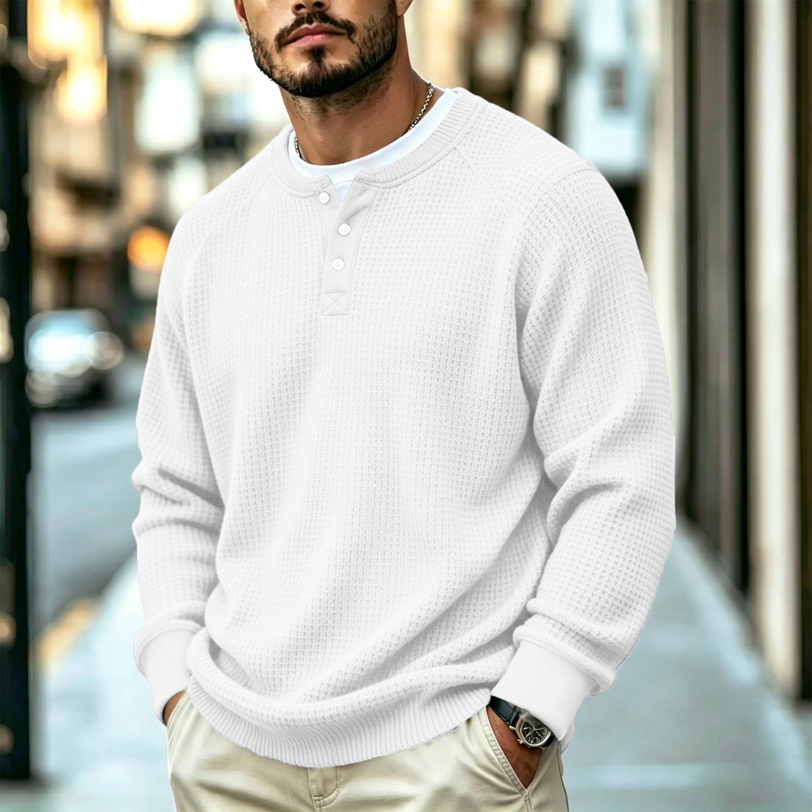 Men's Waffle Knit Henley Sweatshirt in White