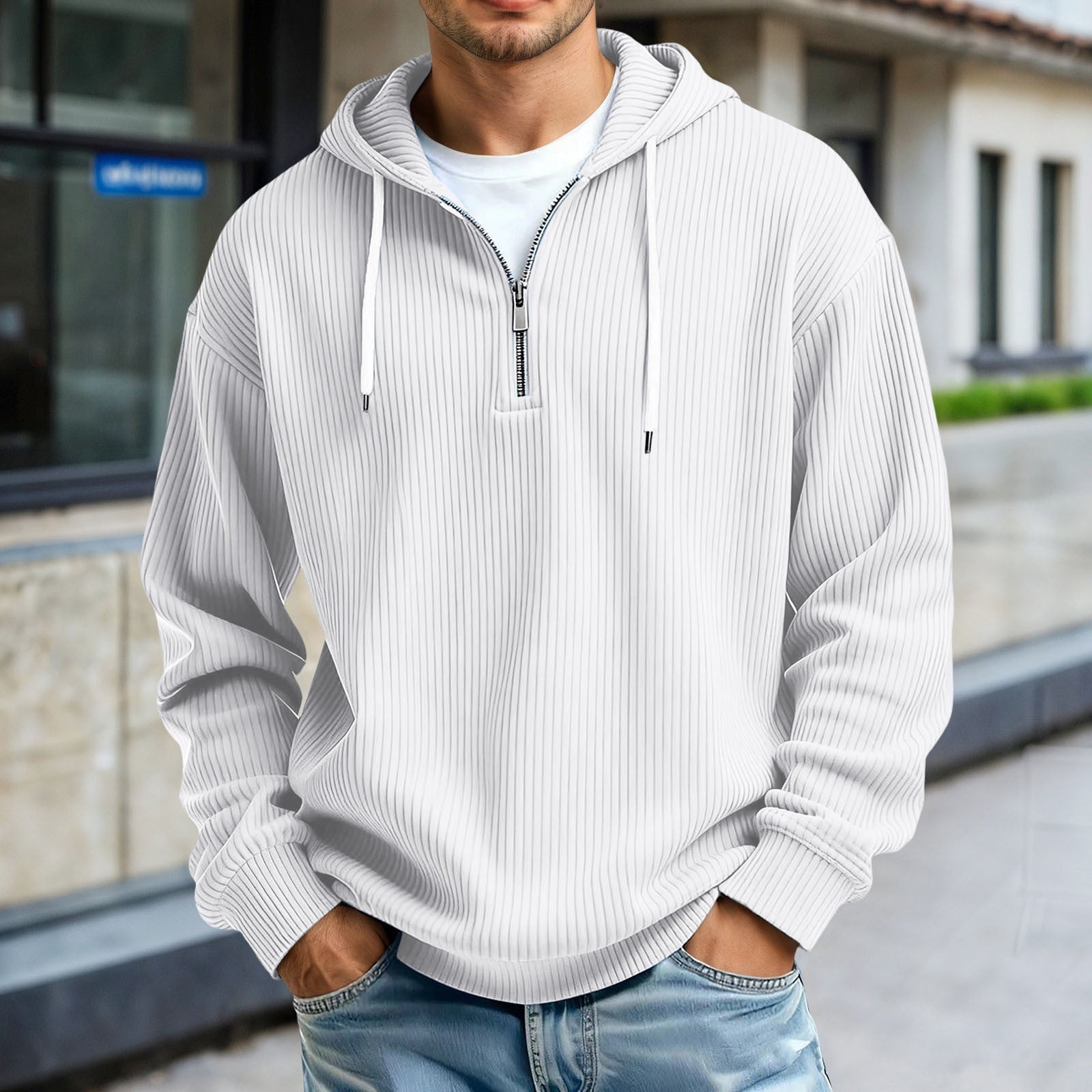 Men's Ribbed Quarter Zip Hoodie in White
