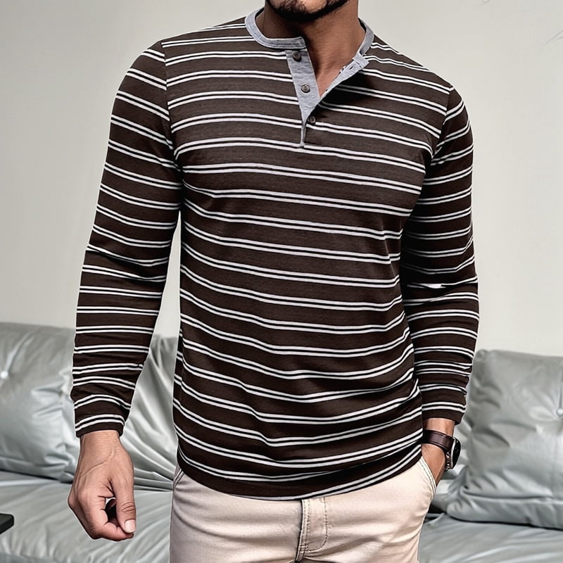 Men's Striped Henley Long Sleeve Shirt in Coffee (photo 5)