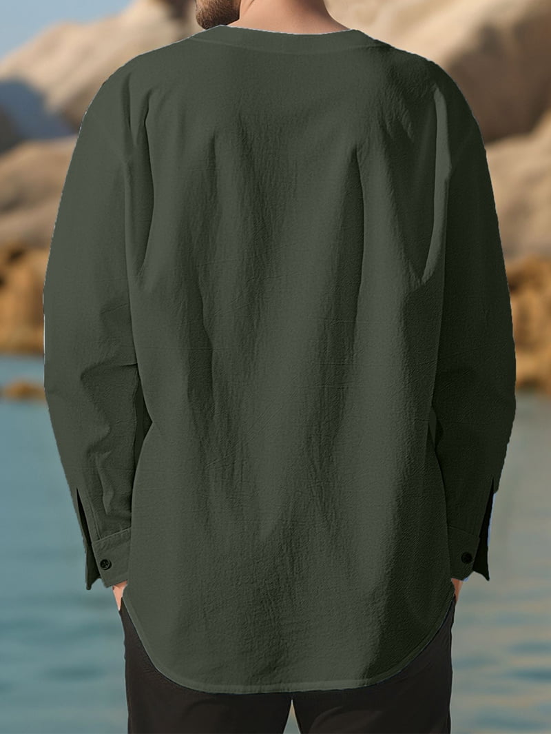 Men's Pleated Front Linen Blend Shirt in Dark Green (photo 7)