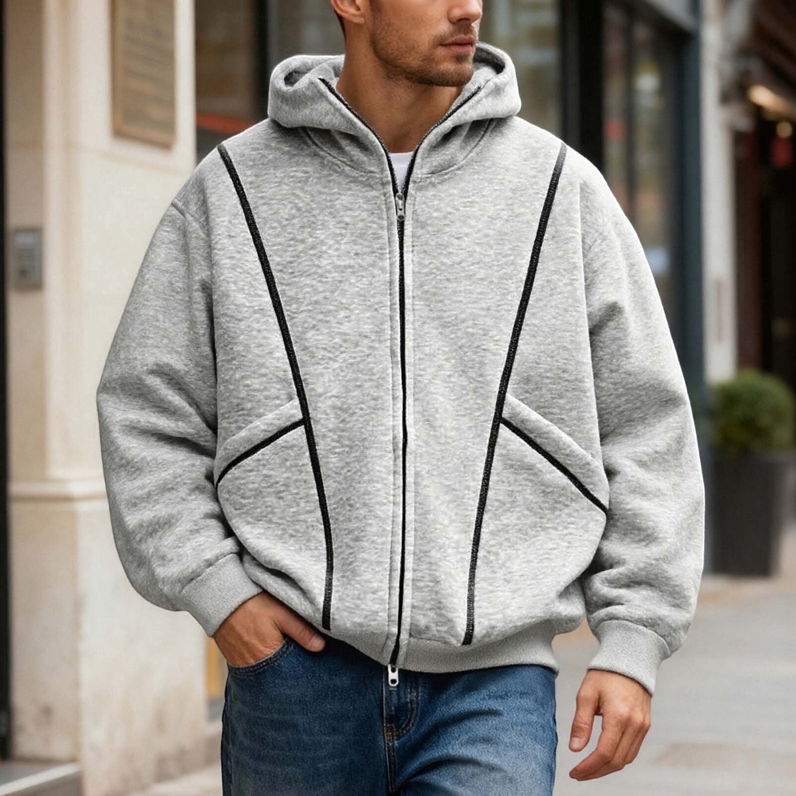 Men's Full Zip Hoodie with Contrast Piping in Light Gray