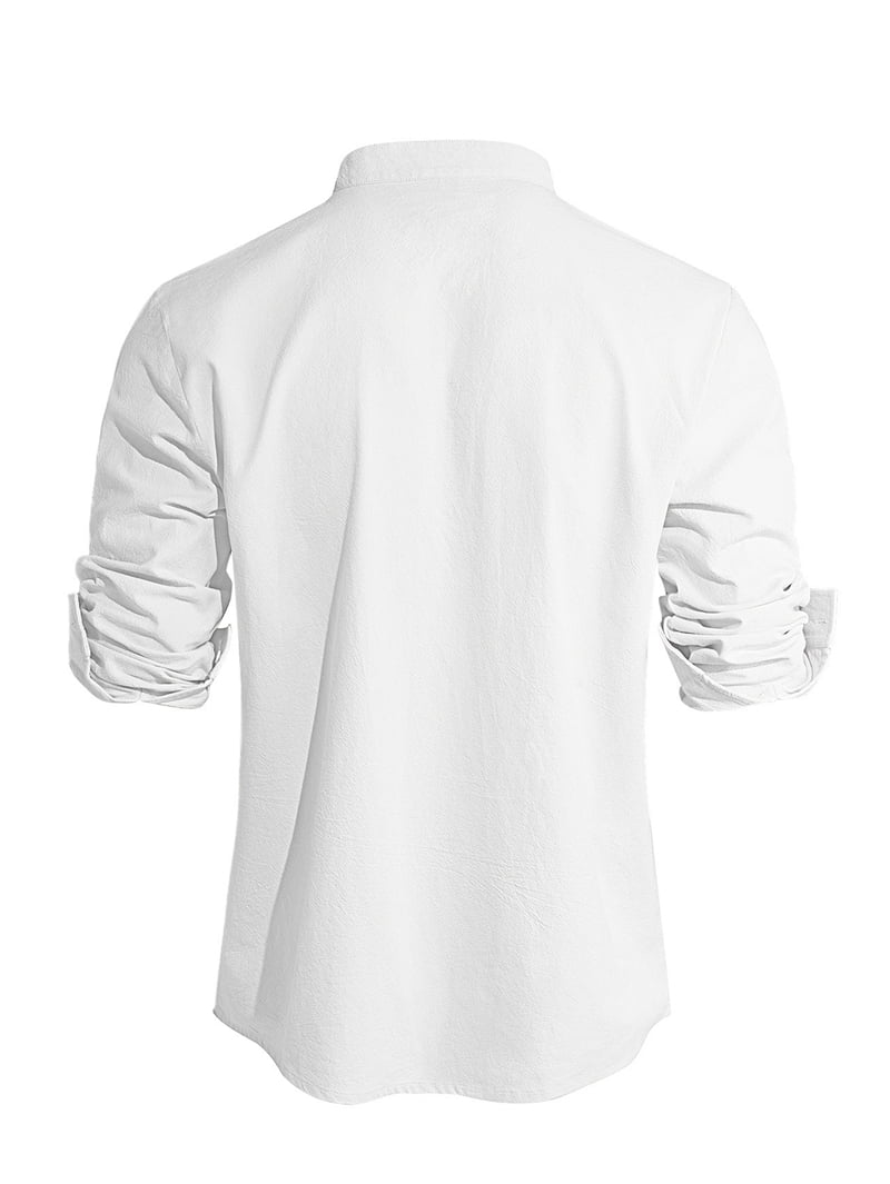 Men's Linen Blend Band Collar Popover Shirt in White (photo 4)