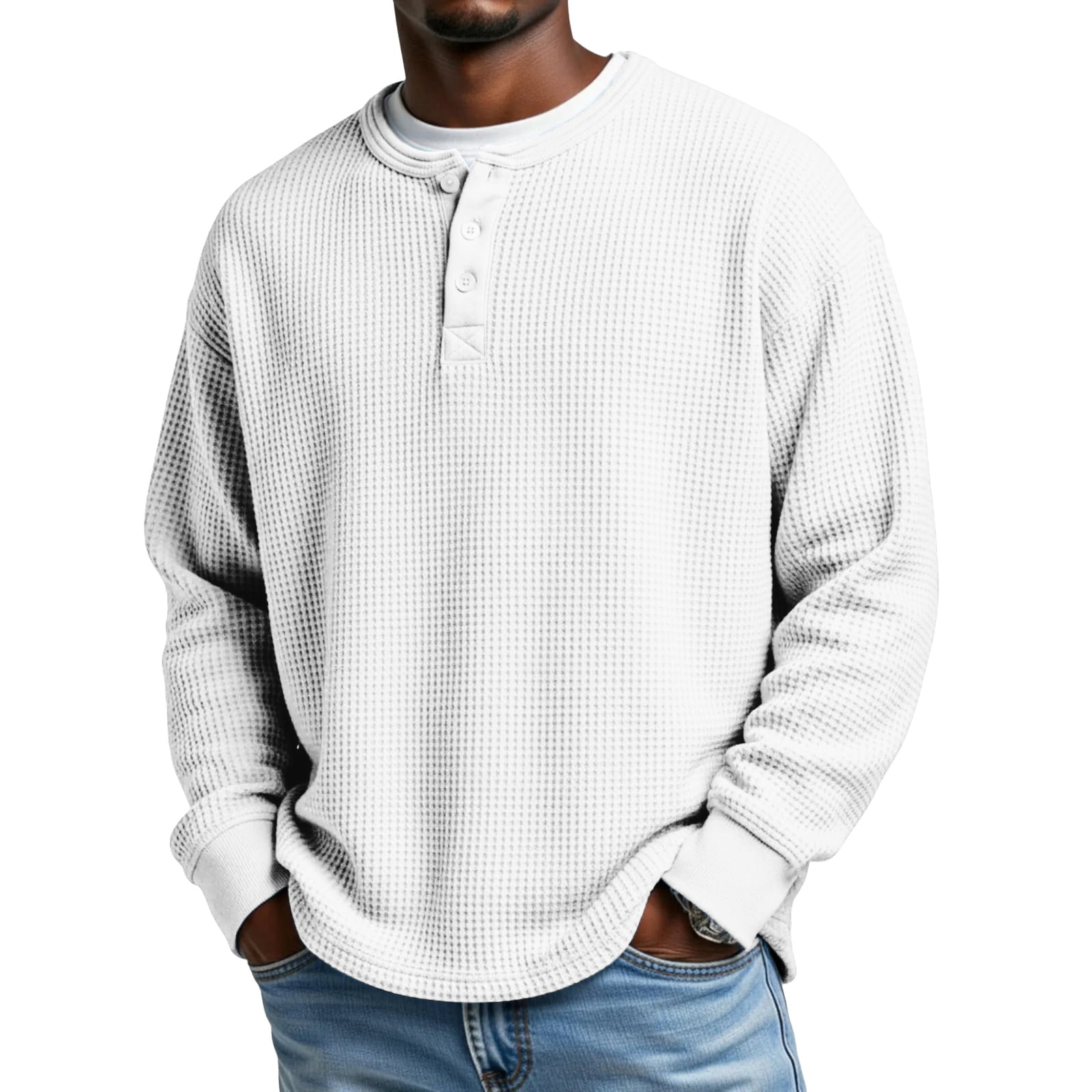 Men's Waffle Knit Henley Sweatshirt in White (photo 2)