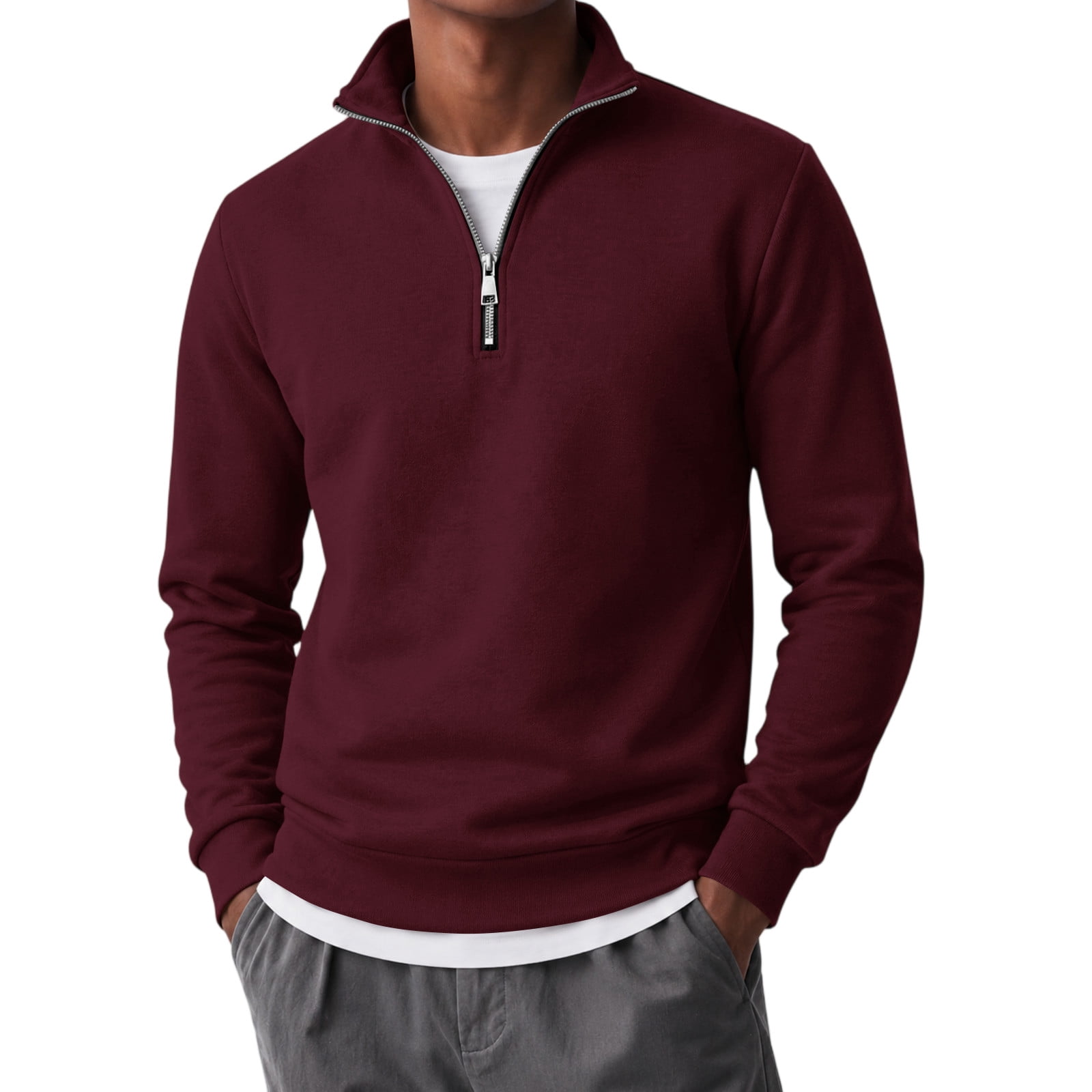 Men's Mock Neck Quarter Zip Fleece Pullover in Wine (photo 2)