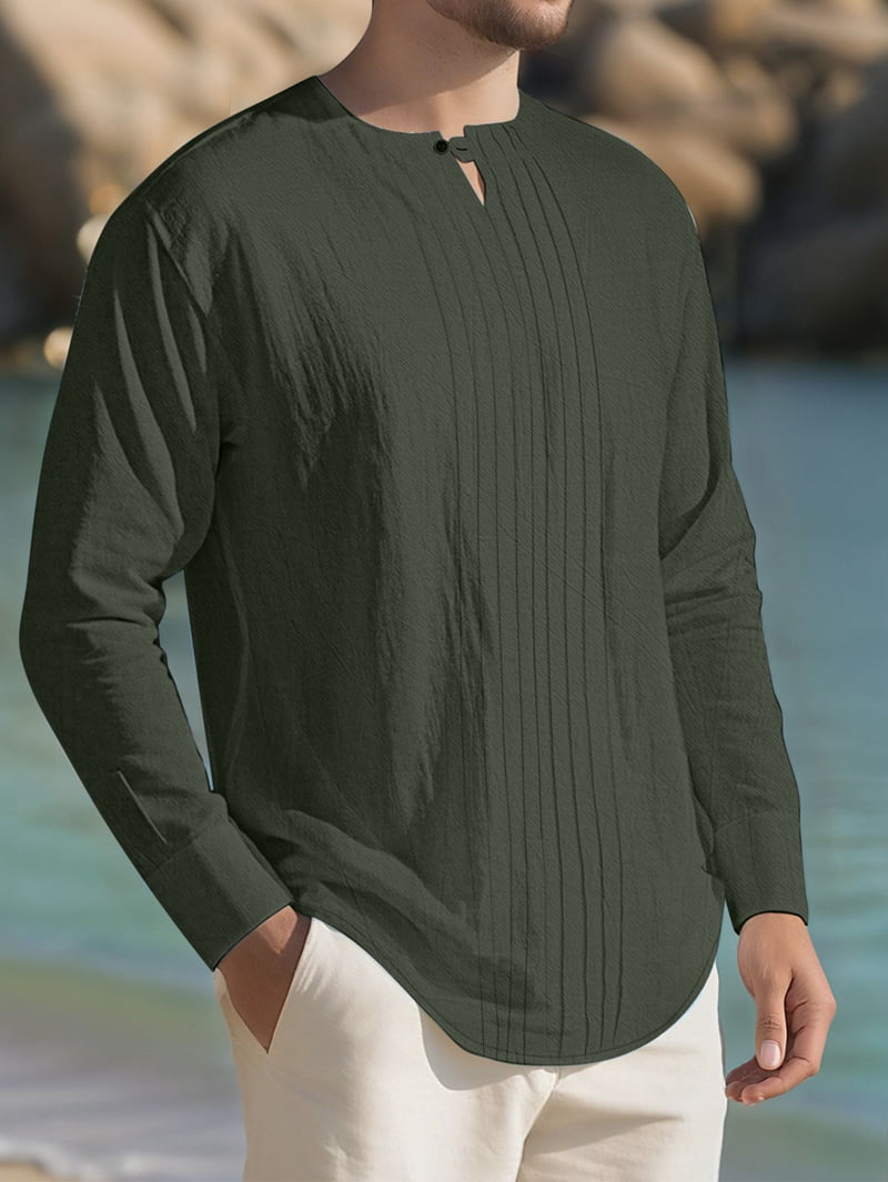 Men's Pleated Front Linen Blend Shirt in Dark Green (photo 6)