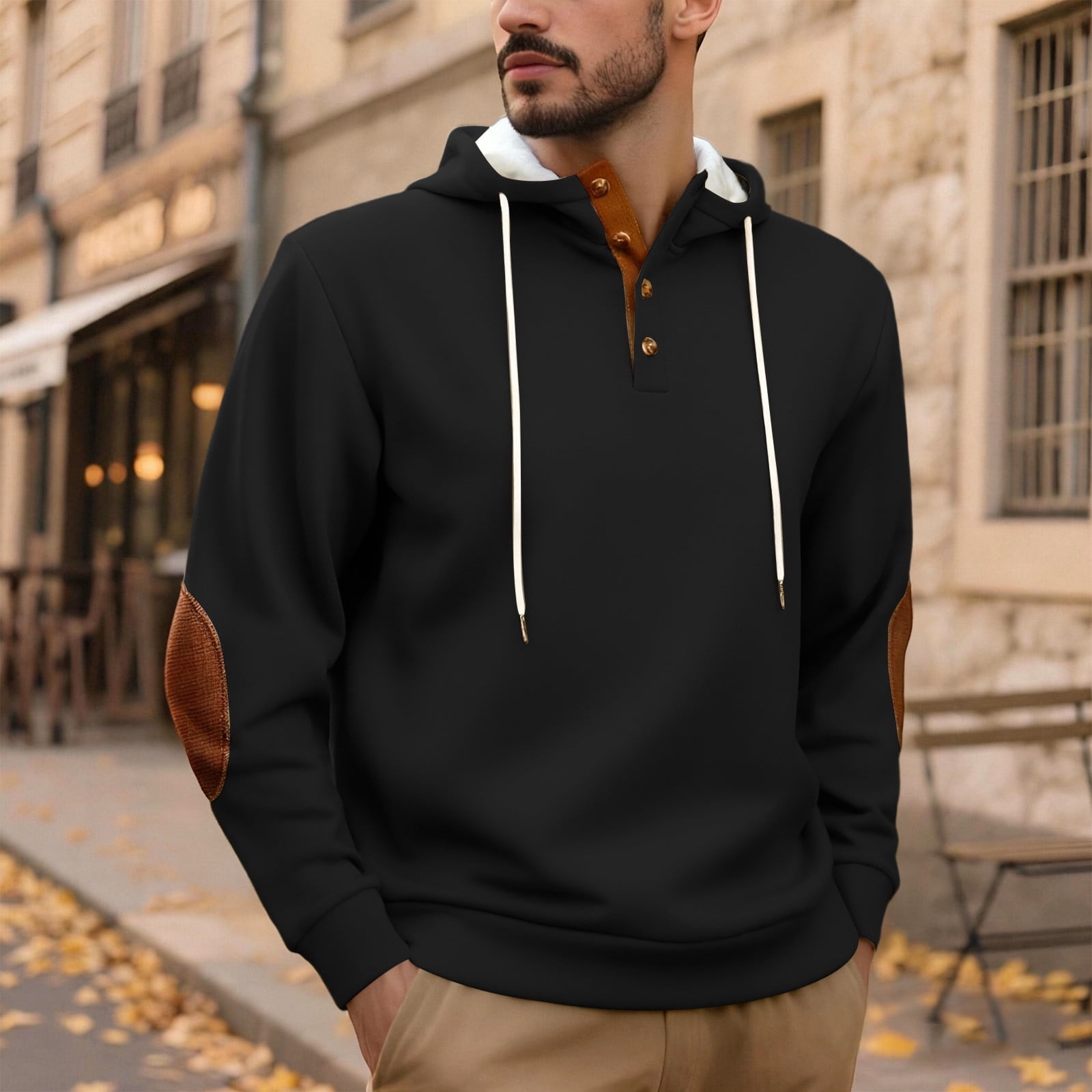 Men's Fleece Lined Henley Hoodie with Elbow Patches in Black