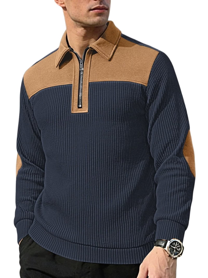 Men's Corduroy Half Zip Pullover with Contrast Yoke in Navy Blue