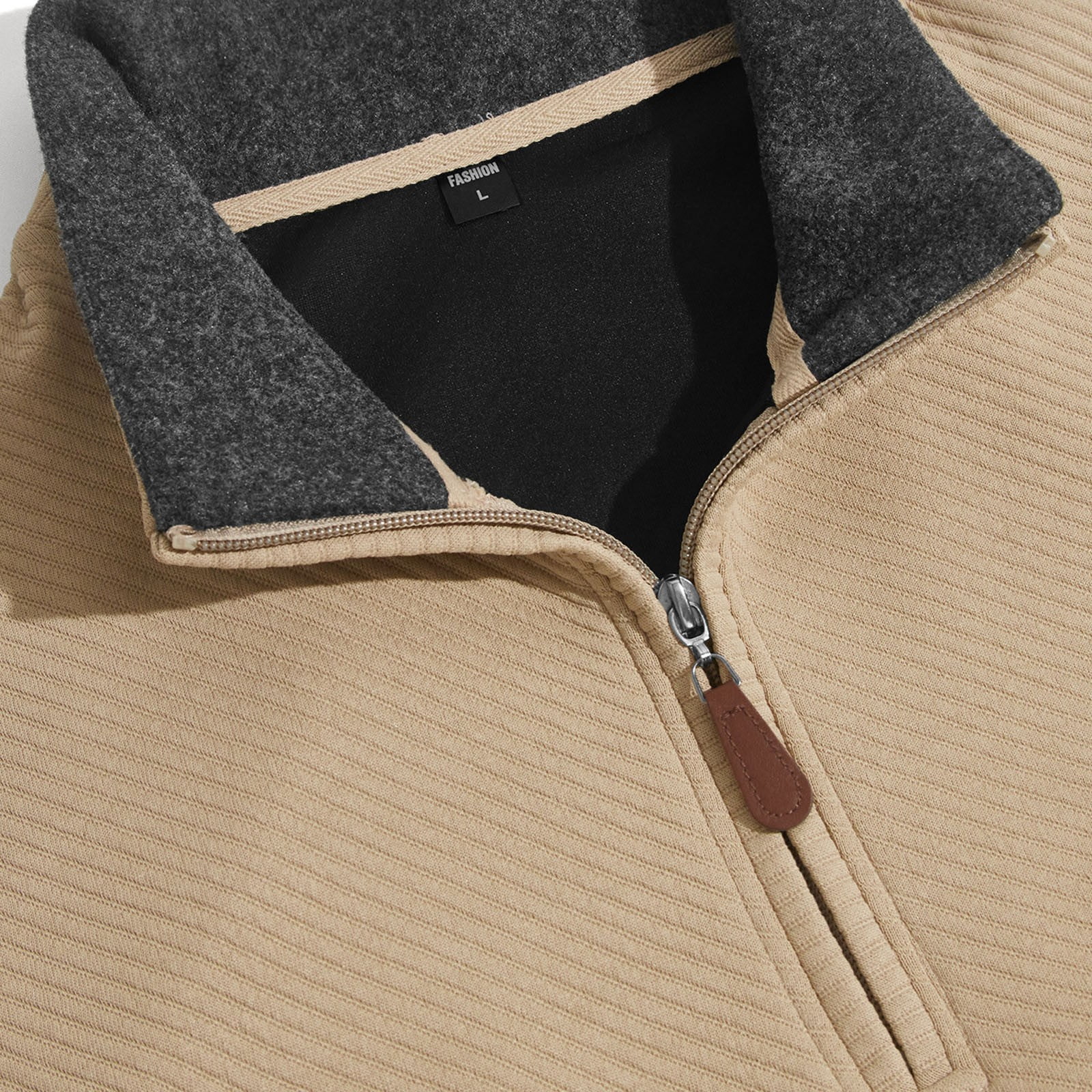 Men's Ribbed Quarter Zip Pullover with Zip Pockets in Khaki (photo 7)