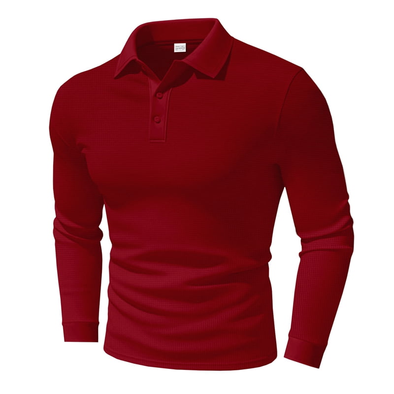 Men's Waffle Knit Long Sleeve Polo in Wine Red (photo 5)