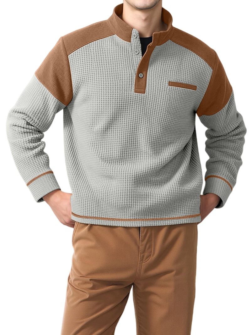 Men's Stand Collar Color Block Pullover in Light Gray and Brown (photo 3)