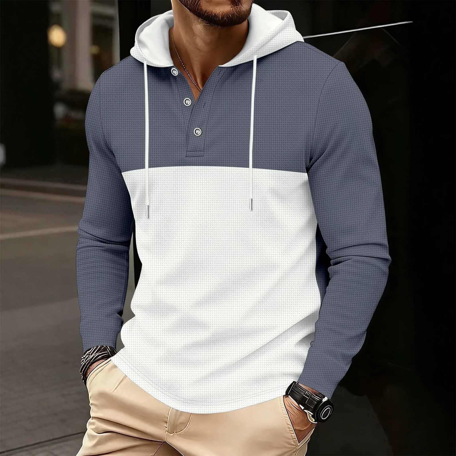 Men's Color Block Waffle Henley Hoodie in Slate and White (photo 2)