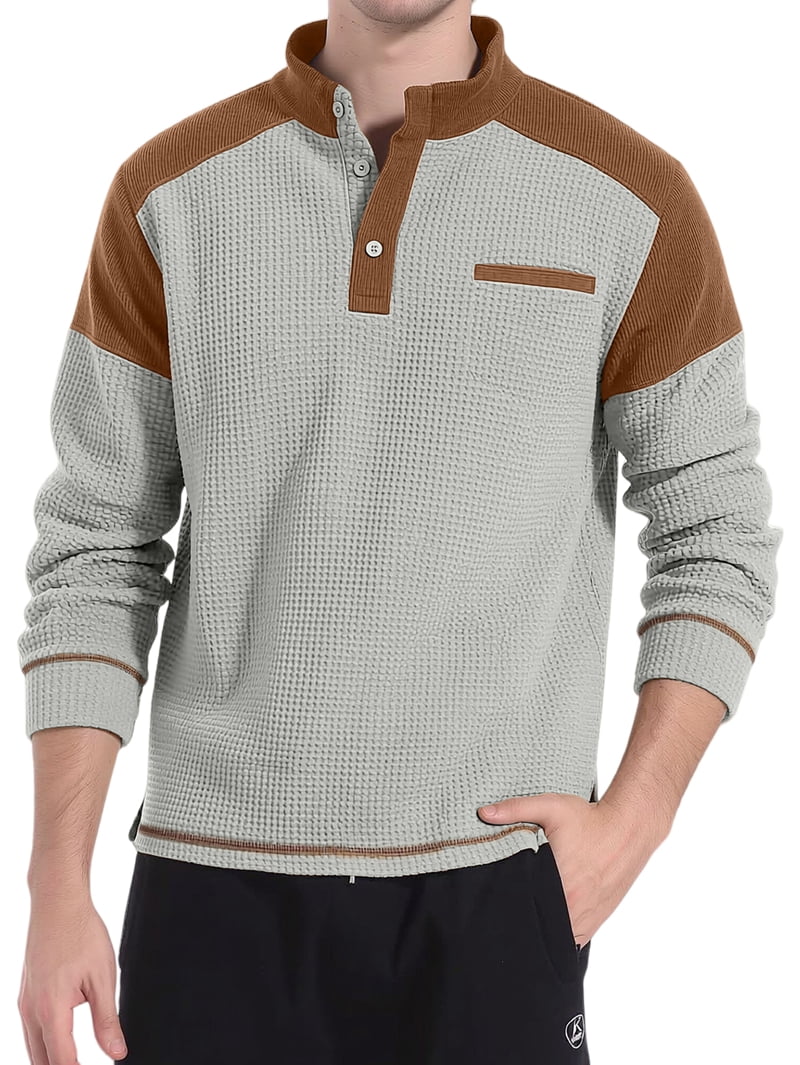Men's Stand Collar Color Block Pullover in Light Gray and Brown