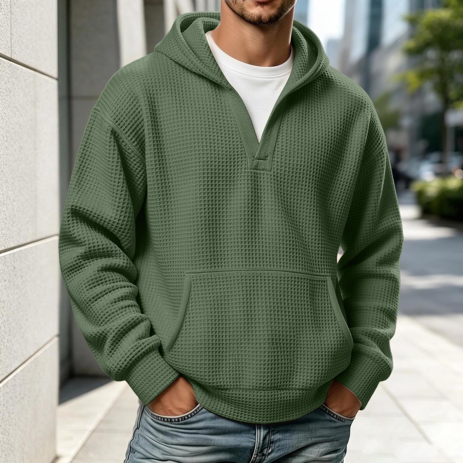 Men's Waffle Knit Pullover Hoodie in Moss Green (photo 2)