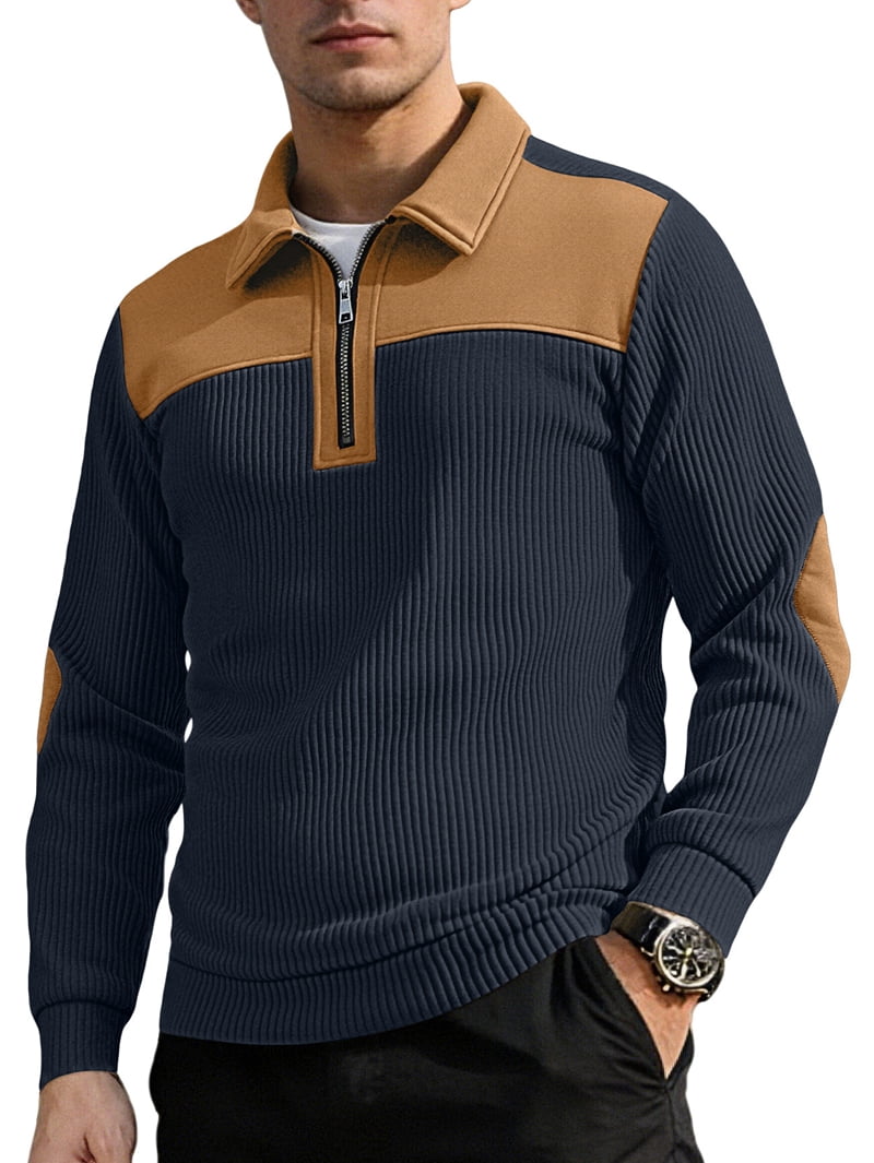 Men's Corduroy Half Zip Pullover with Contrast Yoke in Navy Blue (photo 2)