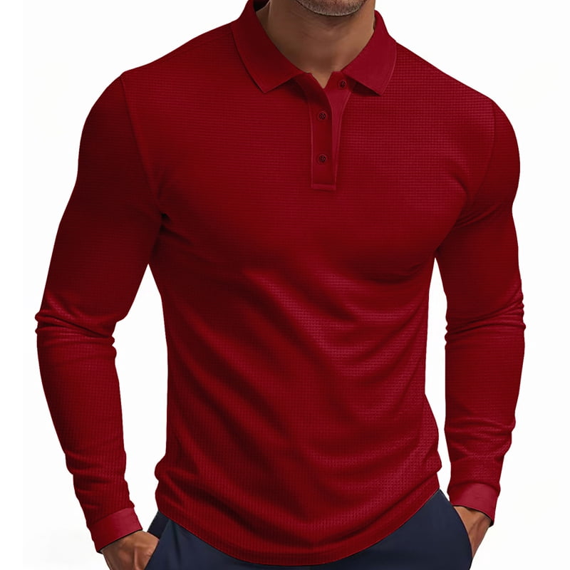 Men's Waffle Knit Long Sleeve Polo in Wine Red