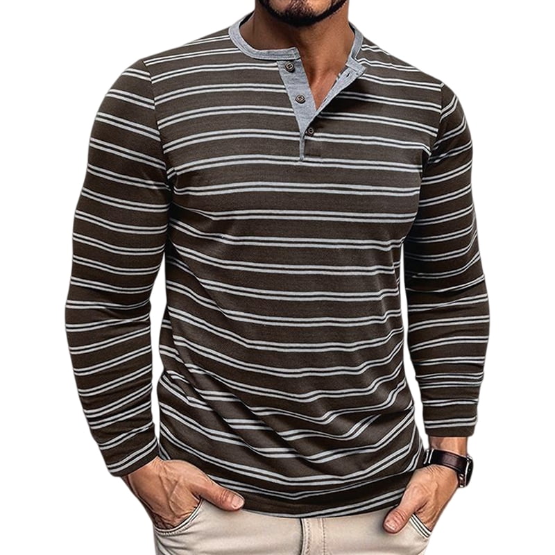 Men's Striped Henley Long Sleeve Shirt in Coffee (photo 2)
