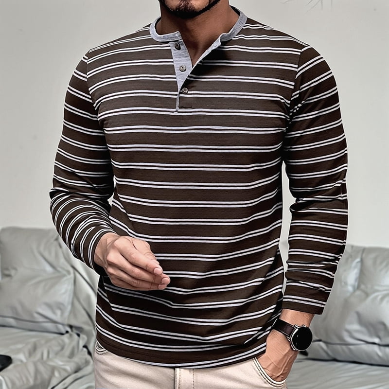 Men's Striped Henley Long Sleeve Shirt in Coffee (photo 6)