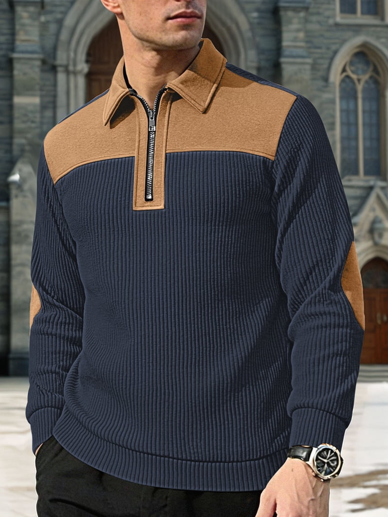 Men's Corduroy Half Zip Pullover with Contrast Yoke in Navy Blue (photo 4)