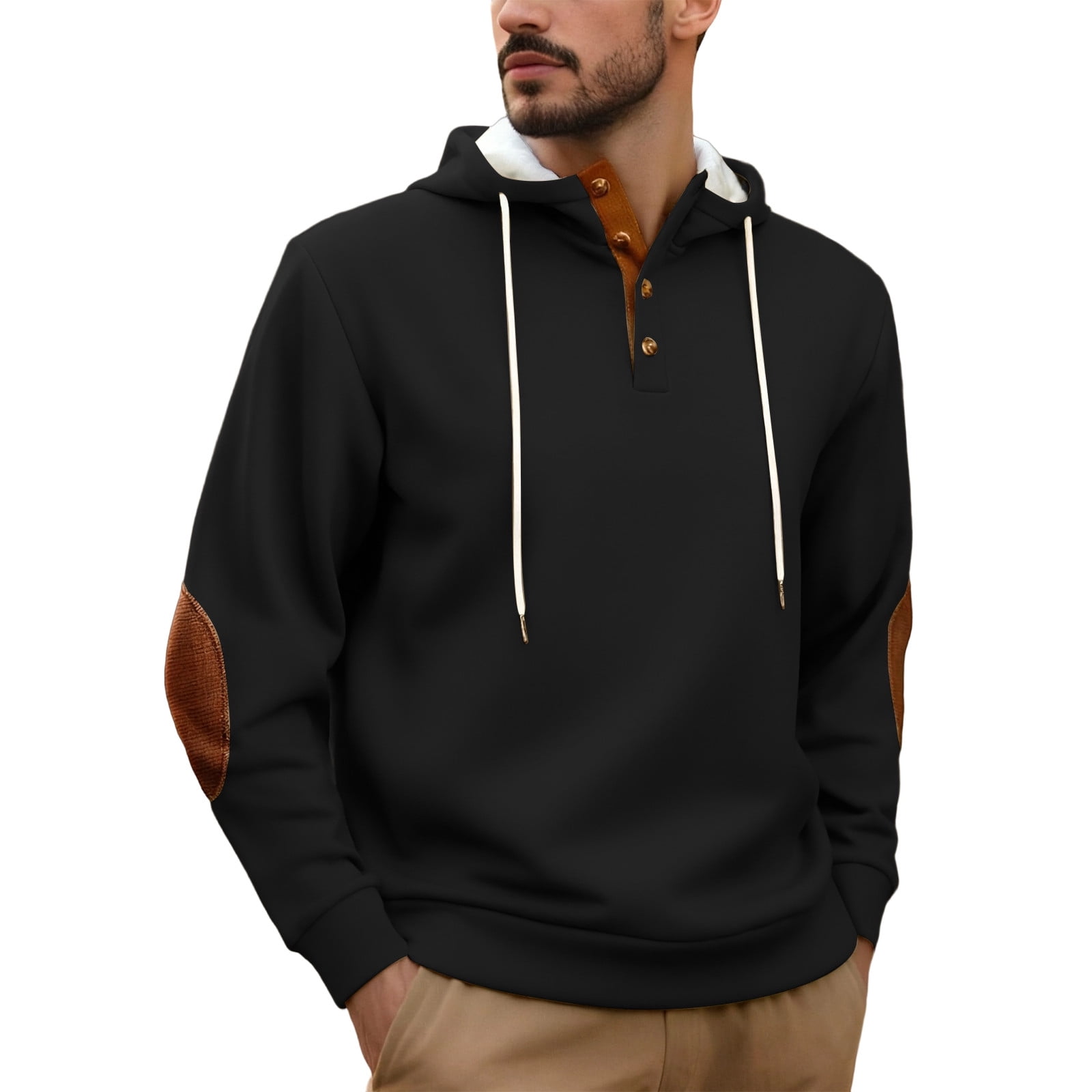 Men's Fleece Lined Henley Hoodie with Elbow Patches in Black (photo 2)