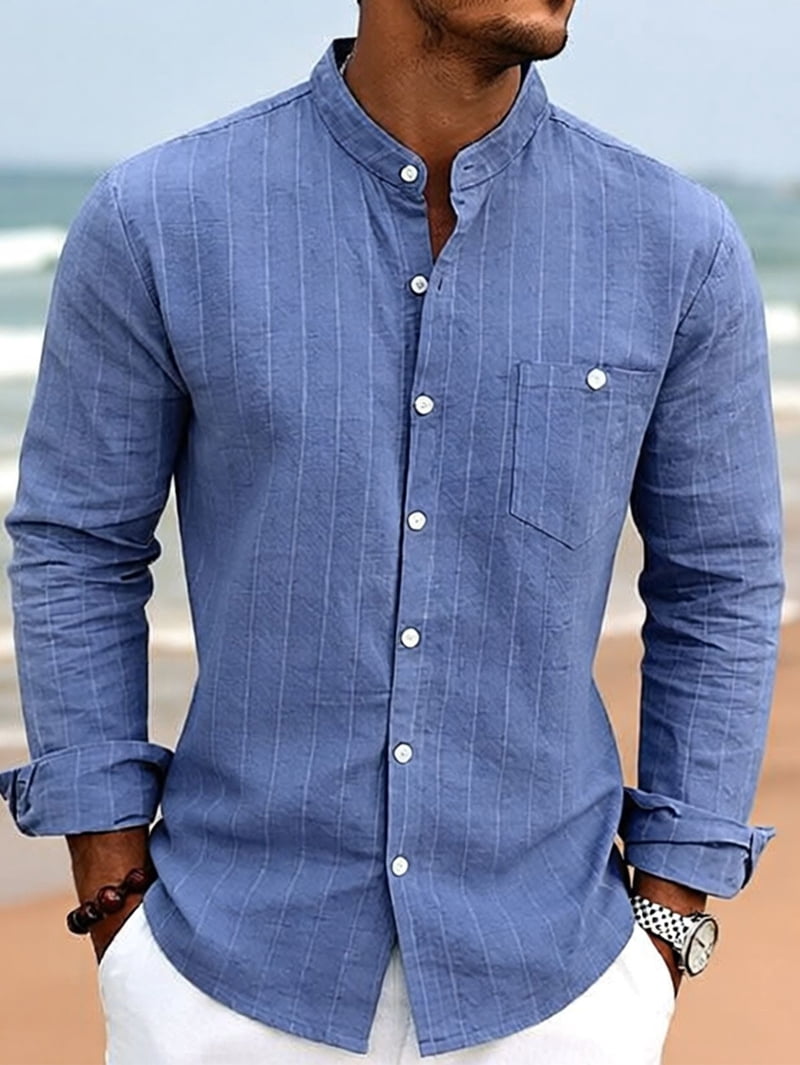 Men's Pinstripe Linen Blend Band Collar Shirt in Blue (photo 6)
