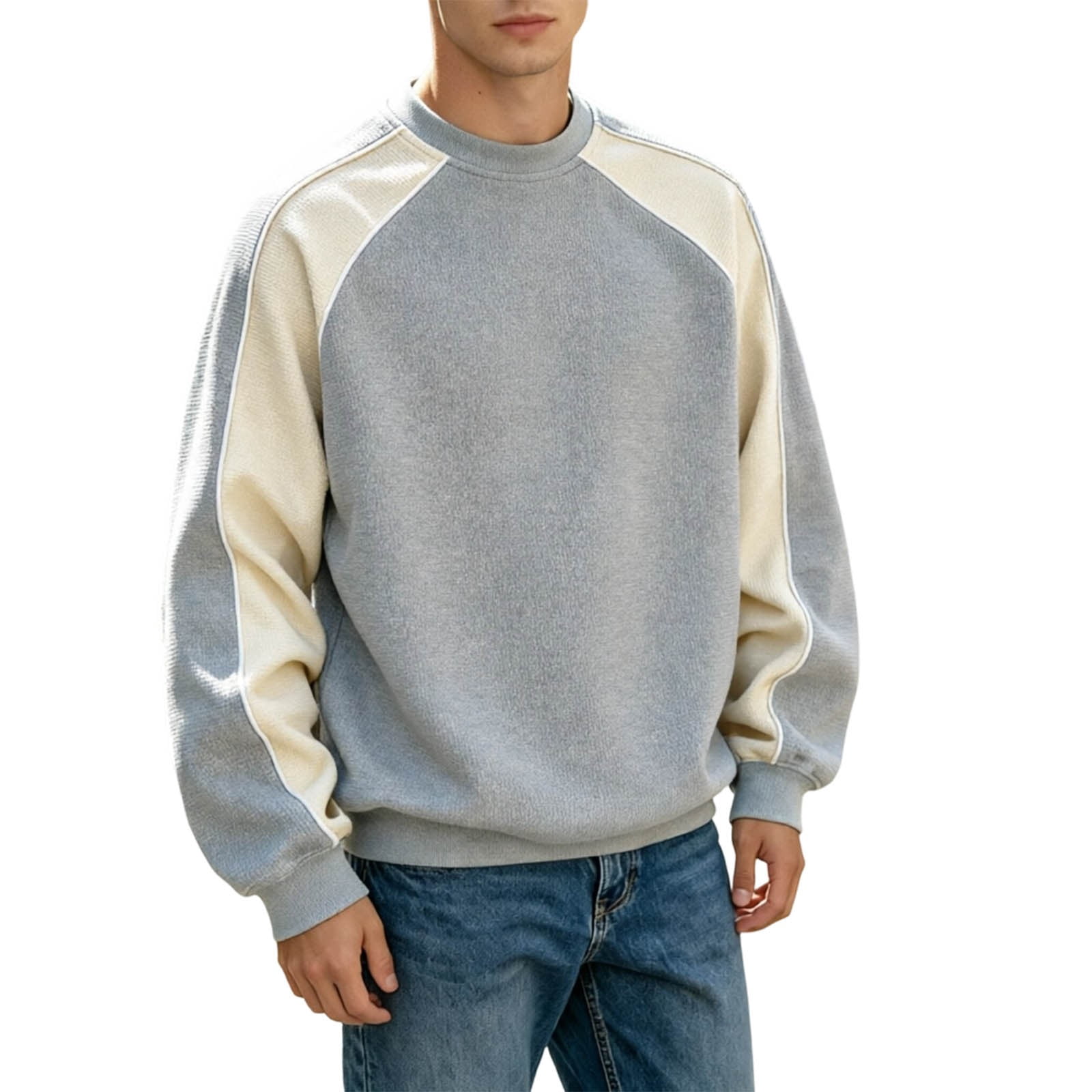 Men's Color Block Raglan Crewneck Sweatshirt in Gray and Cream