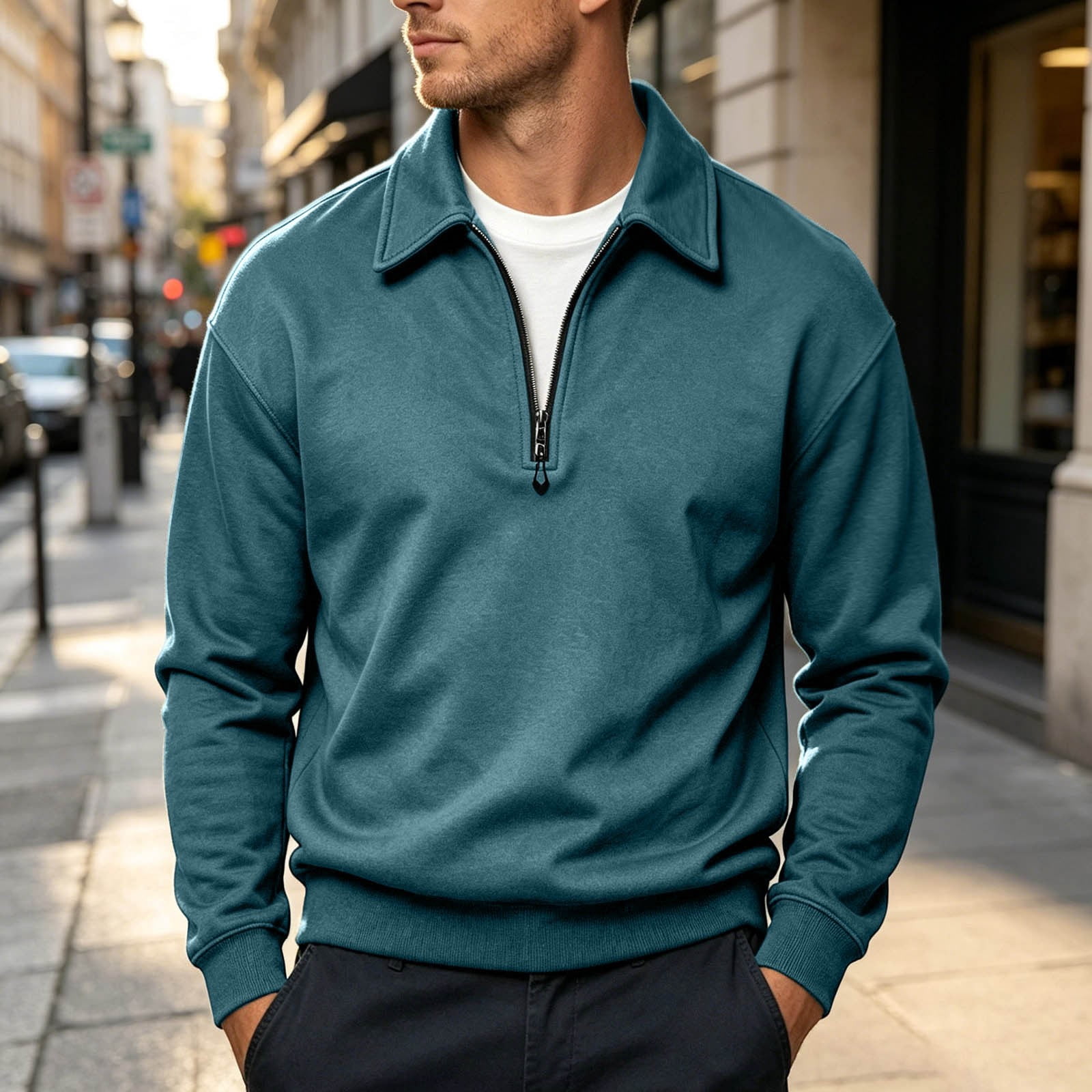 Men's Collared Quarter Zip Sweatshirt in Teal (photo 2)