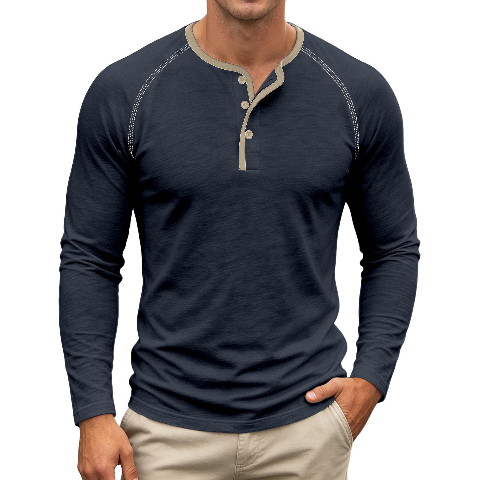 Men's Raglan Henley with Contrast Trim in Navy