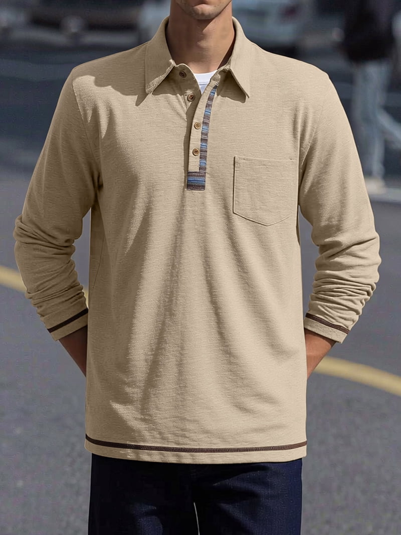 Men's Long Sleeve Polo with Striped Placket in Beige (photo 5)