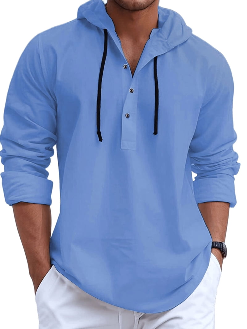 Men's Hooded Henley Shirt in Light Blue