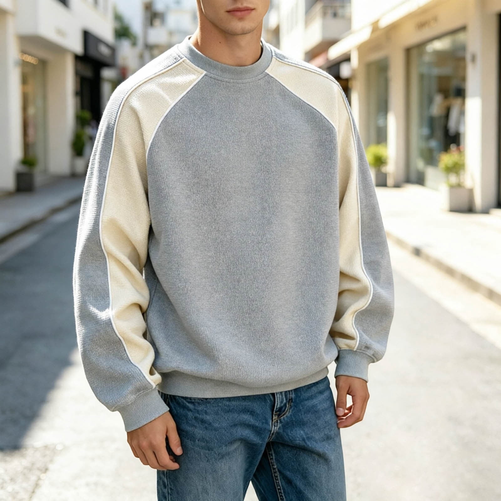 Men's Color Block Raglan Crewneck Sweatshirt in Gray and Cream (photo 2)