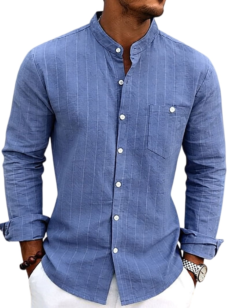Men's Pinstripe Linen Blend Band Collar Shirt in Blue (photo 3)