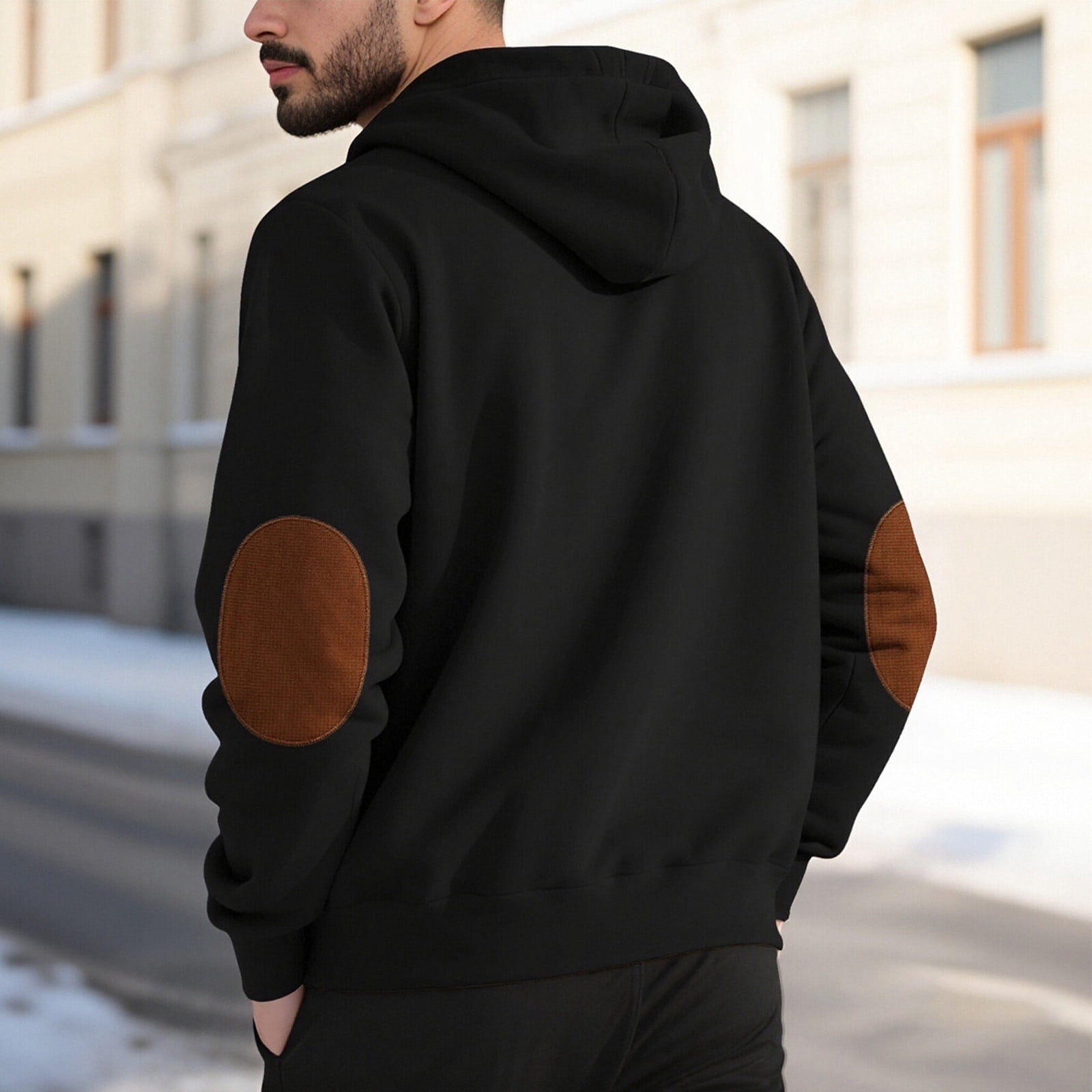 Men's Fleece Lined Henley Hoodie with Elbow Patches in Black (photo 4)
