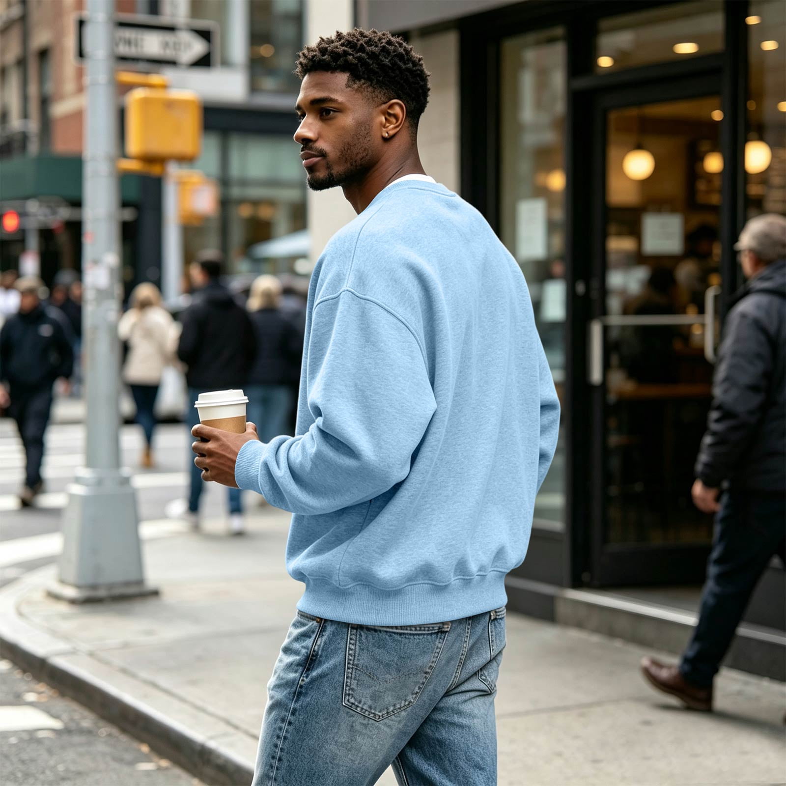 Men's Brushed Fleece Crewneck Sweatshirt in Light Blue (photo 3)