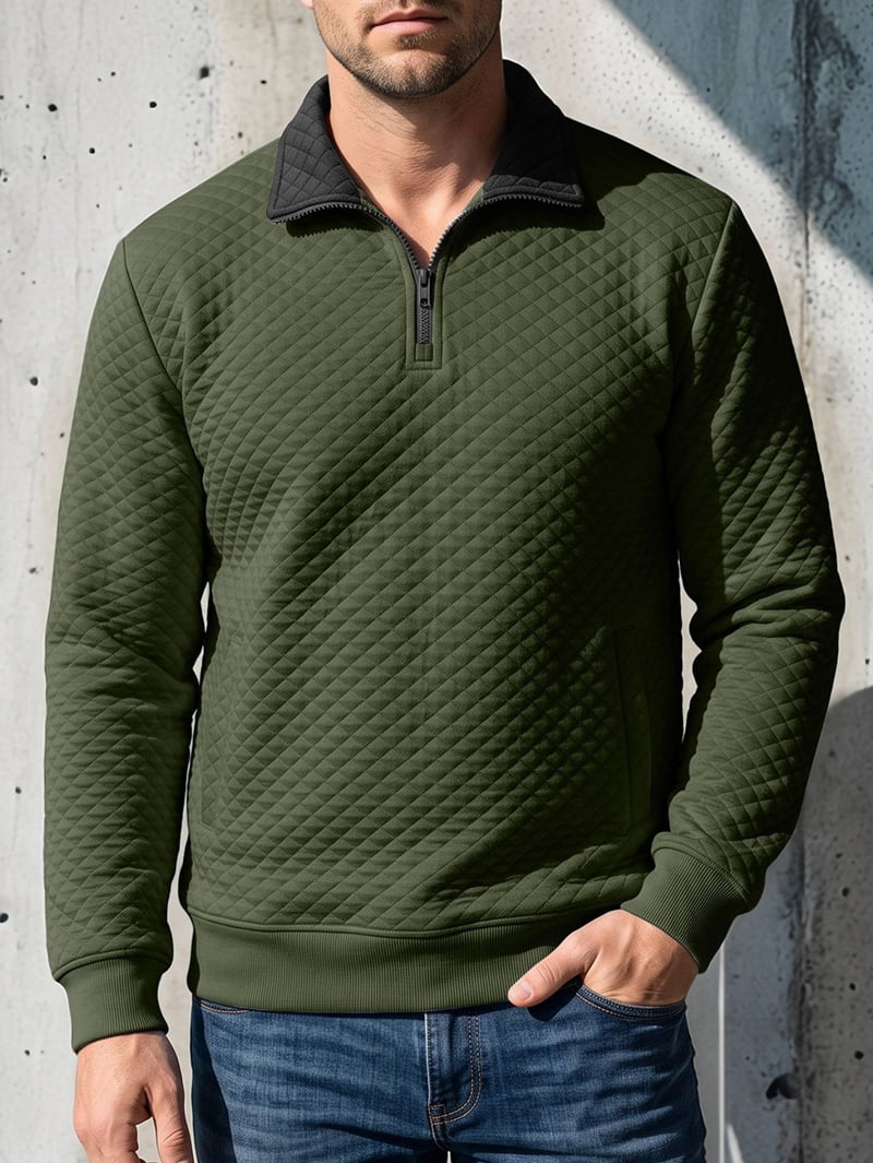 Men's Quilted Quarter Zip Pullover in Army Green (photo 2)