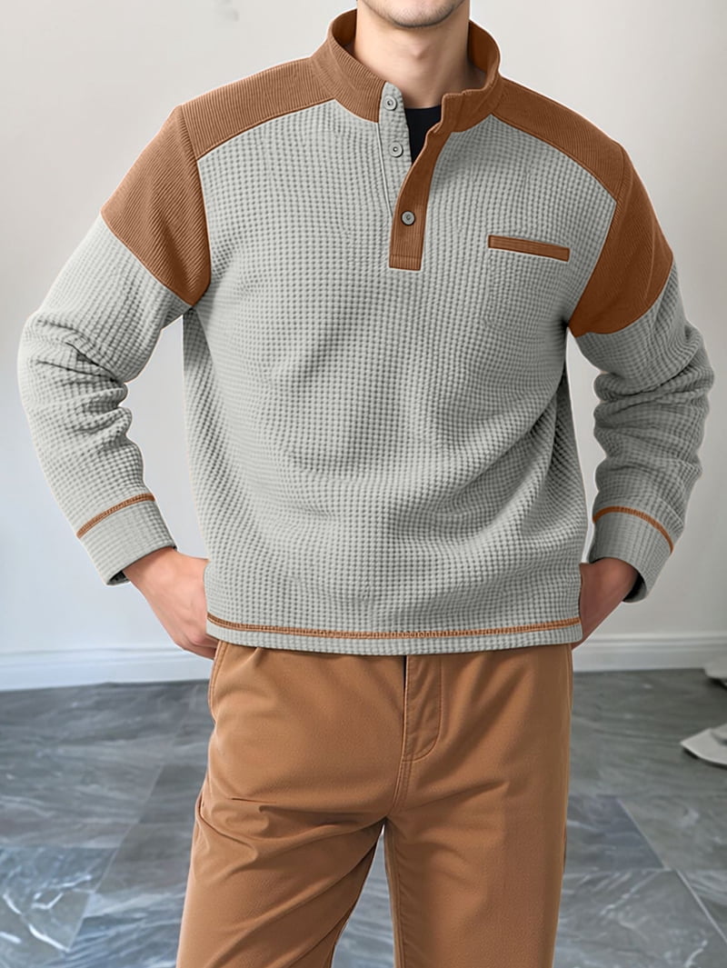 Men's Stand Collar Color Block Pullover in Light Gray and Brown (photo 5)
