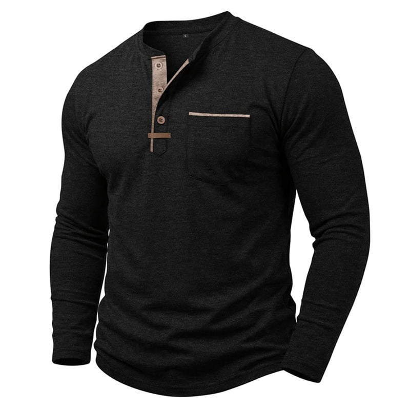 Men's Henley Long Sleeve Shirt with Chest Pocket in Black (photo 3)