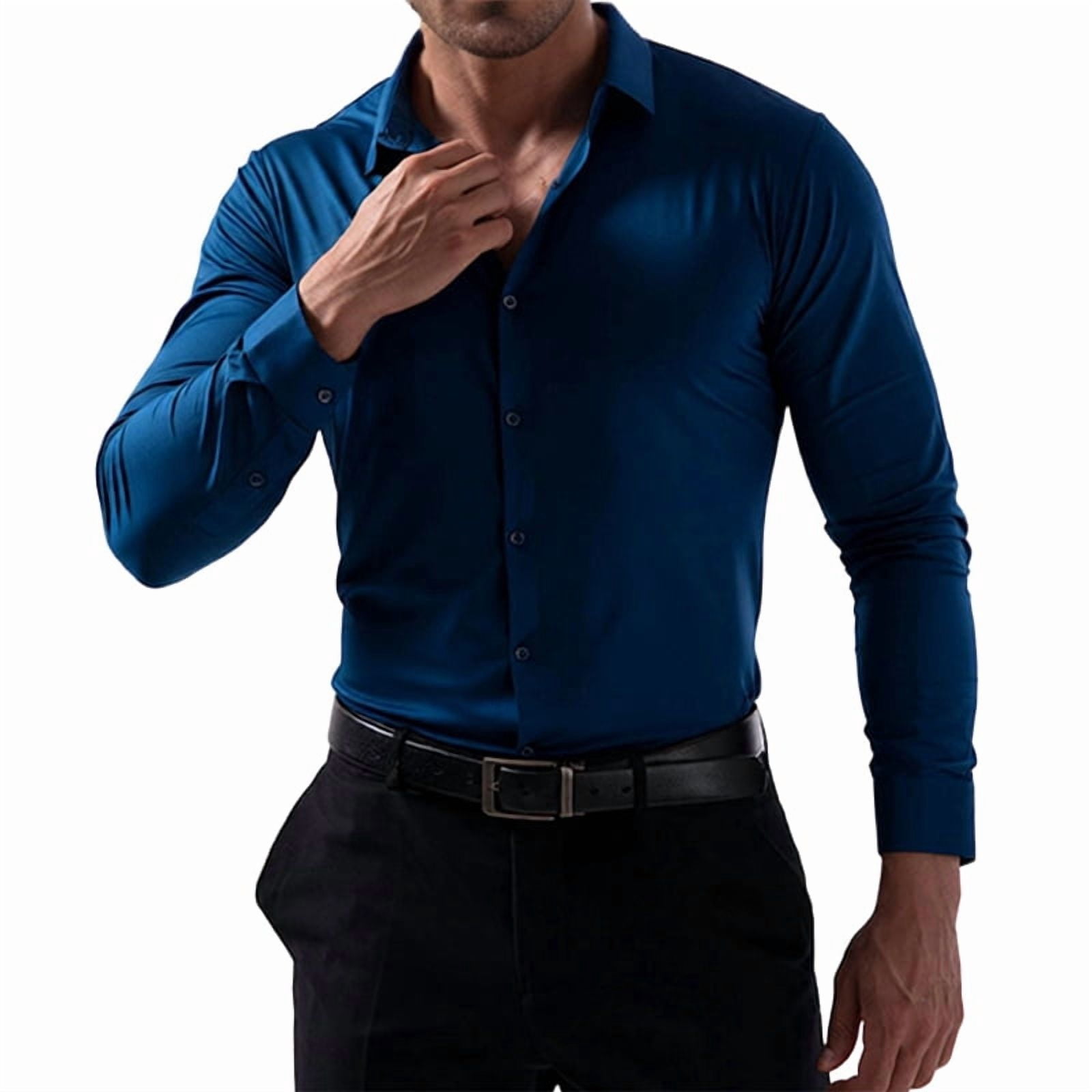 Men's Stretch Slim Fit Dress Shirt in Peacock Blue (photo 2)