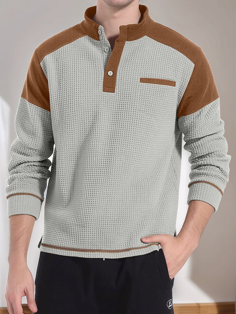 Men's Stand Collar Color Block Pullover in Light Gray and Brown (photo 4)