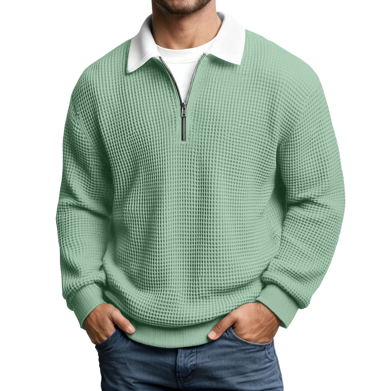 Men's Waffle Knit Quarter Zip with White Collar in Sage Green (photo 2)