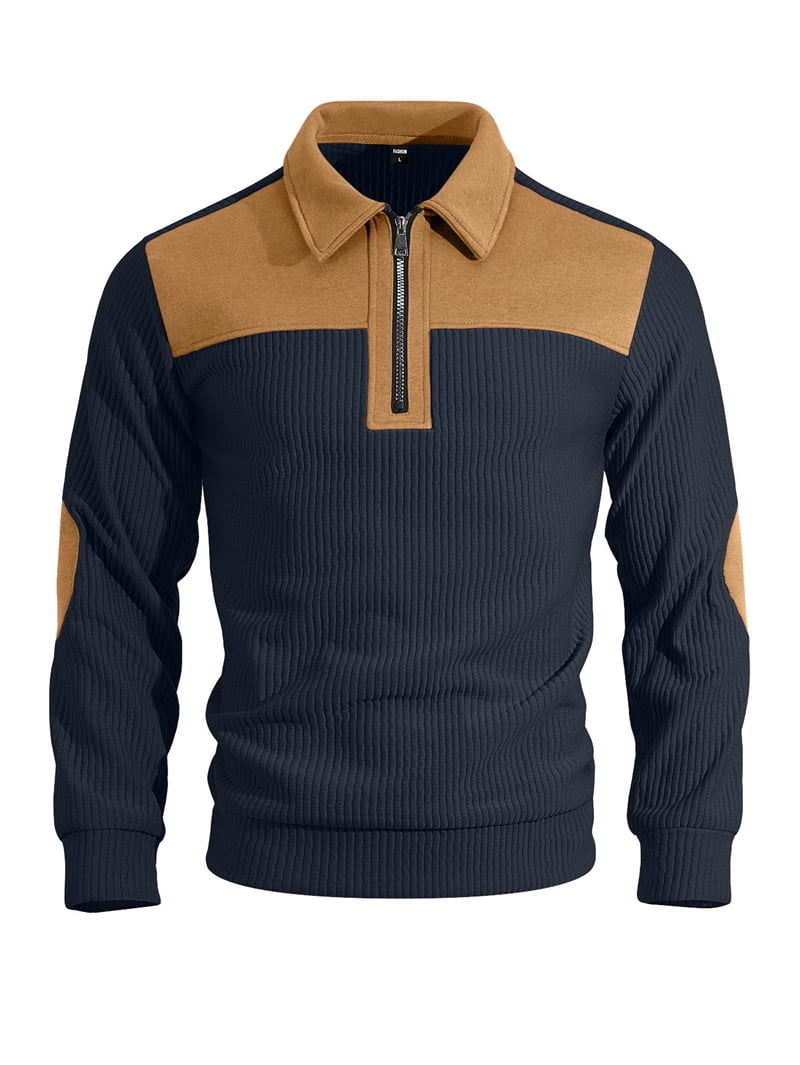Men's Corduroy Half Zip Pullover with Contrast Yoke in Navy Blue (photo 3)