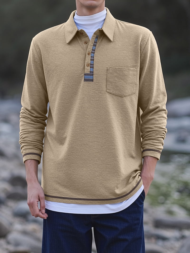 Men's Long Sleeve Polo with Striped Placket in Beige (photo 4)