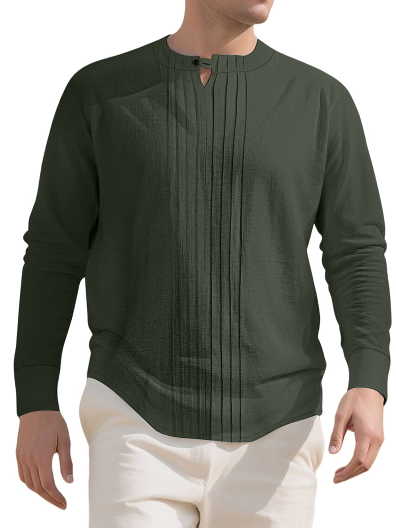 Men's Pleated Front Linen Blend Shirt in Dark Green (photo 2)