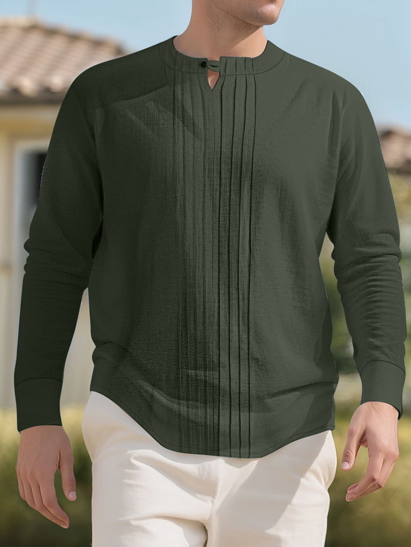 Men's Pleated Front Linen Blend Shirt in Dark Green (photo 5)