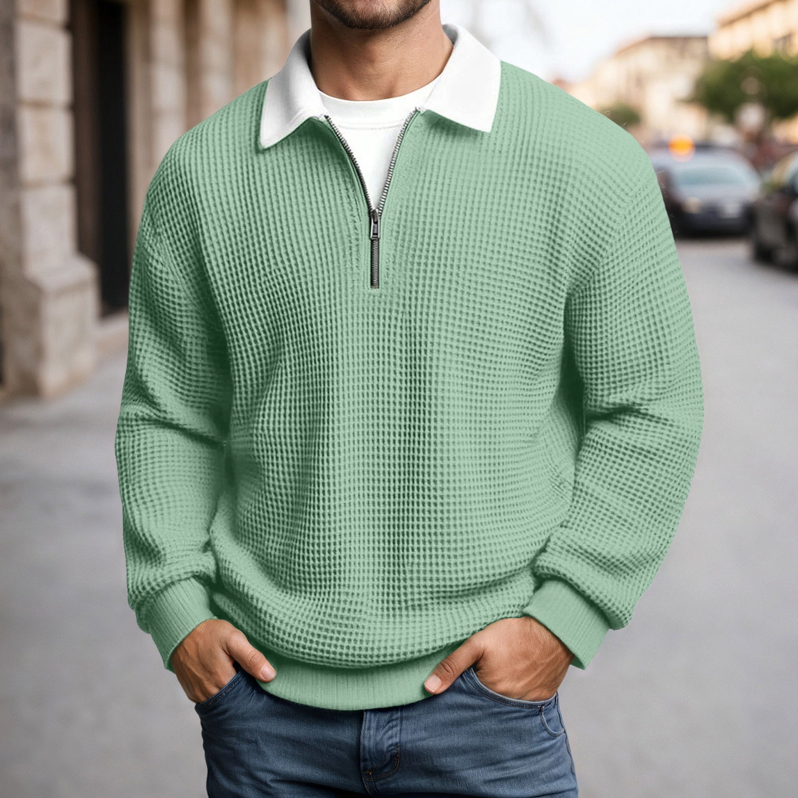 Men's Waffle Knit Quarter Zip with White Collar in Sage Green