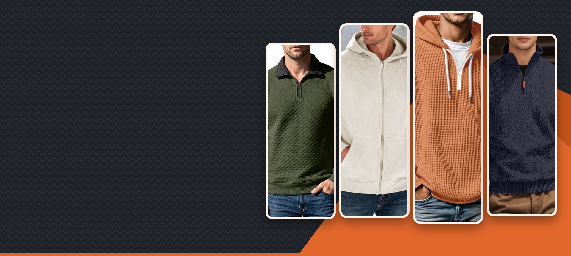 Four Quirefox tops: an army green quilted quarter zip, a cream sherpa lined hoodie, a burnt orange waffle hoodie and a navy jacquard quarter zip