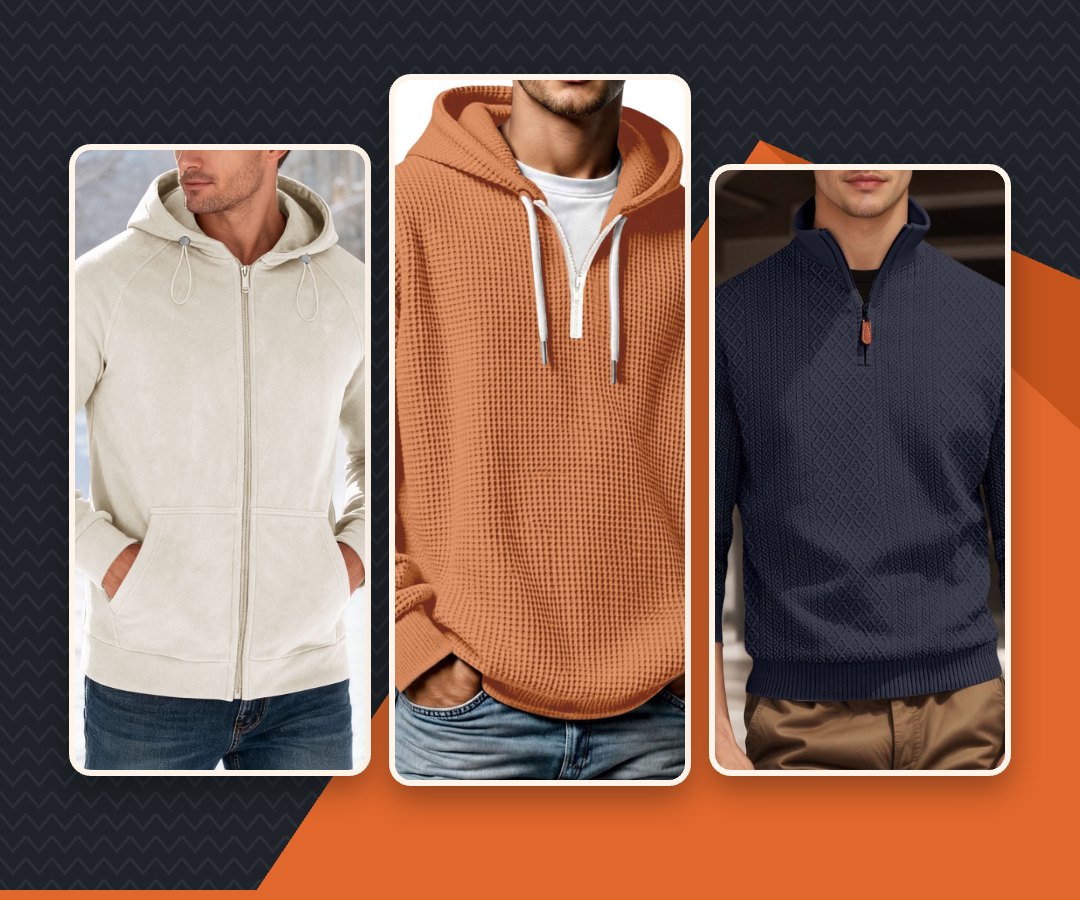 Three Quirefox tops: a cream sherpa lined hoodie, a burnt orange waffle hoodie and a navy jacquard quarter zip